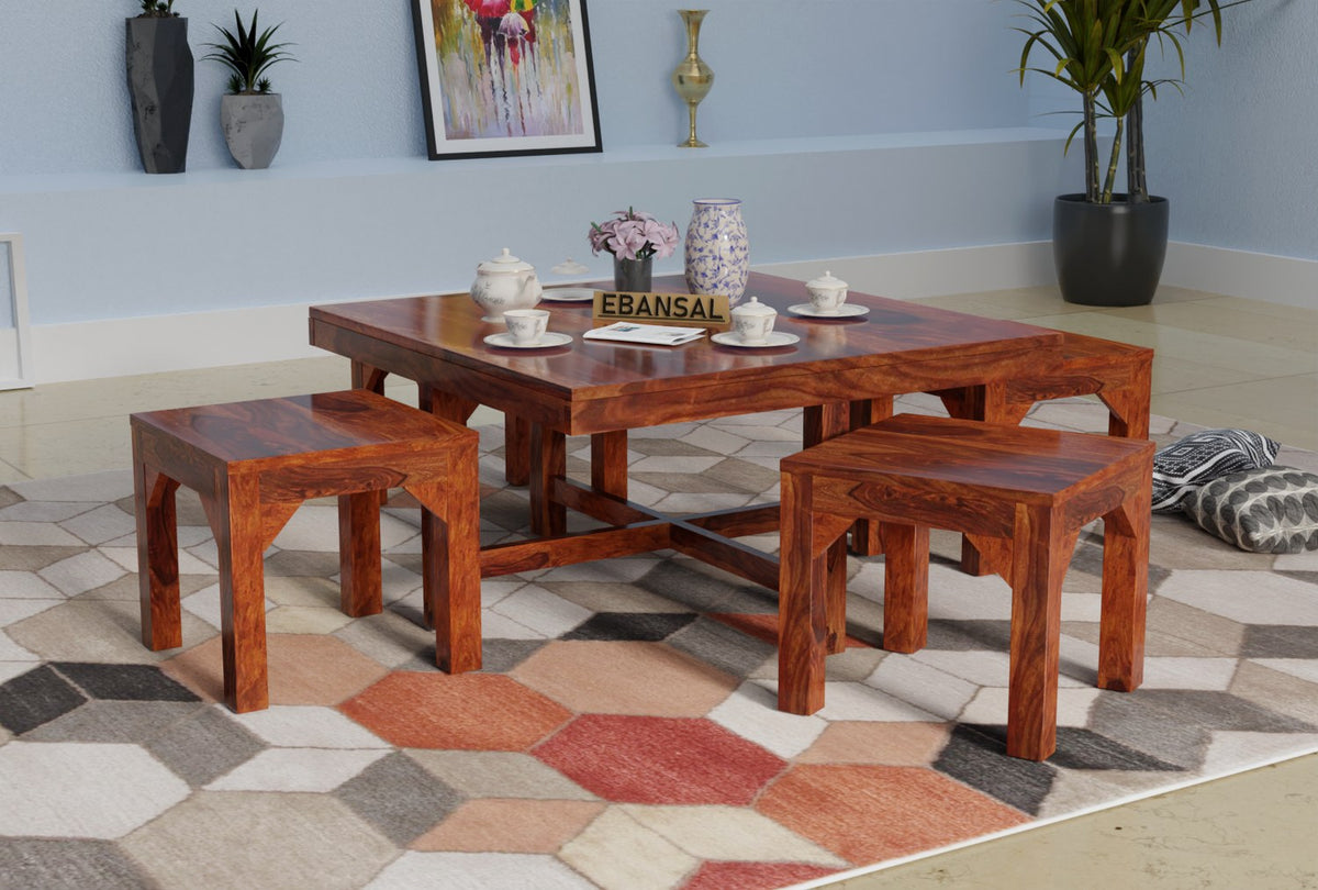 Mobell Solid Sheesham Wood Coffee Table Set With Four Stools (Four Legs, Natural Finish)