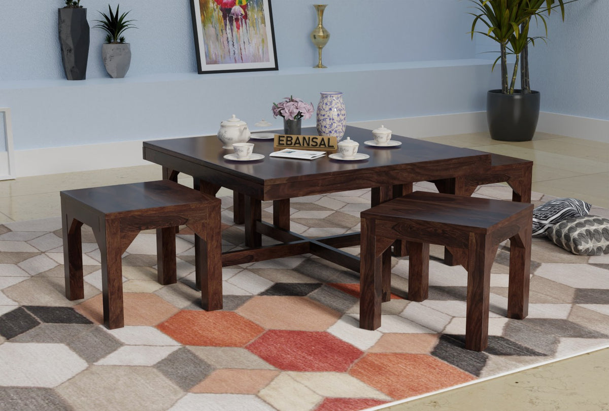 Mobell Solid Sheesham Wood Coffee Table Set With Four Stools (Four Legs, Walnut Finish)