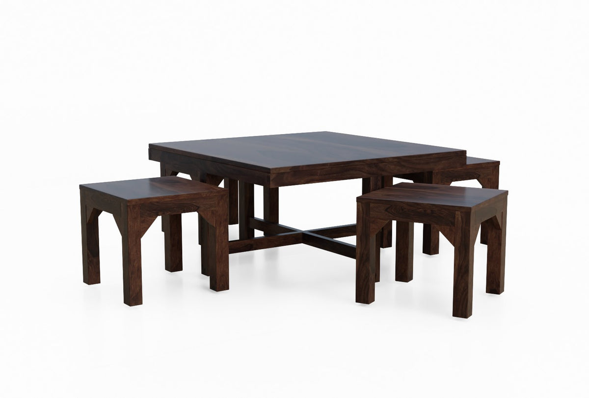 Mobell Solid Sheesham Wood Coffee Table Set With Four Stools (Four Legs, Walnut Finish)