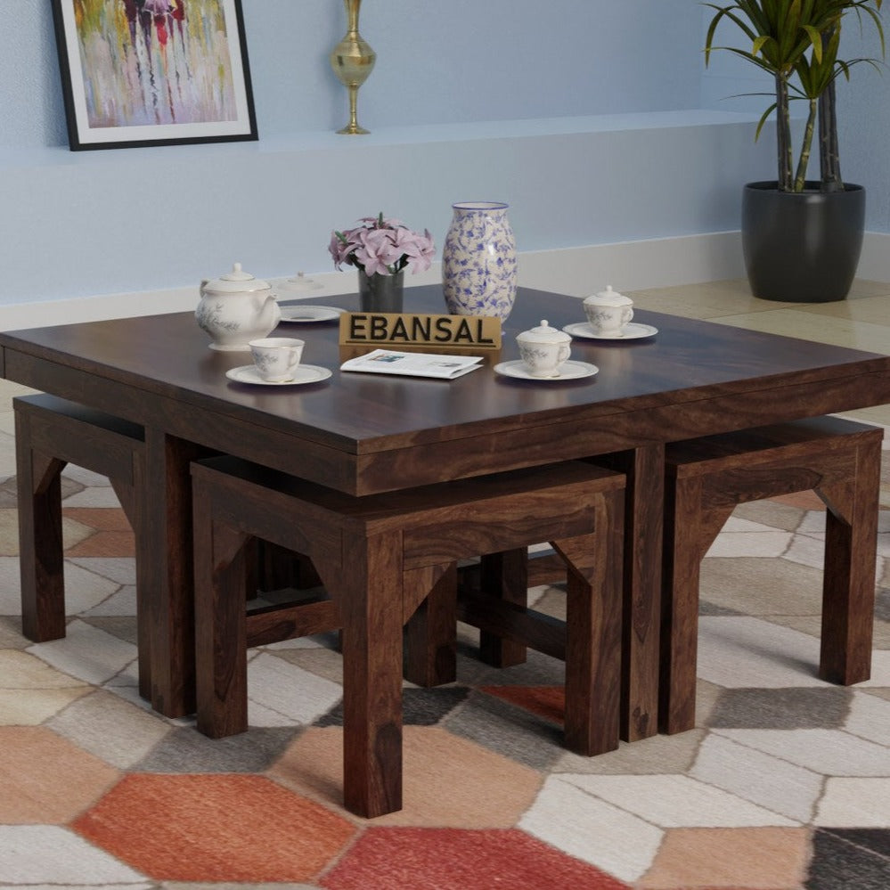 Mobell Solid Sheesham Wood Coffee Table Set With Four Stools (Four Legs, Walnut Finish)