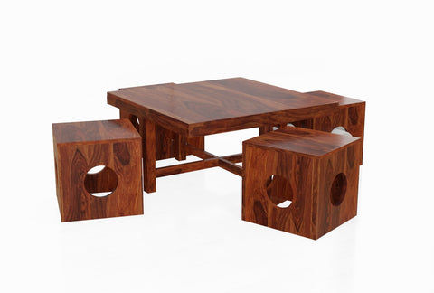 Mobell Solid Sheesham Wood Coffee Table Set With Four Stools (Round, Natural Finish)