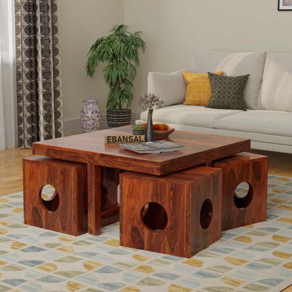 Mobell Solid Sheesham Wood Coffee Table Set With Four Stools (Round, Natural Finish)