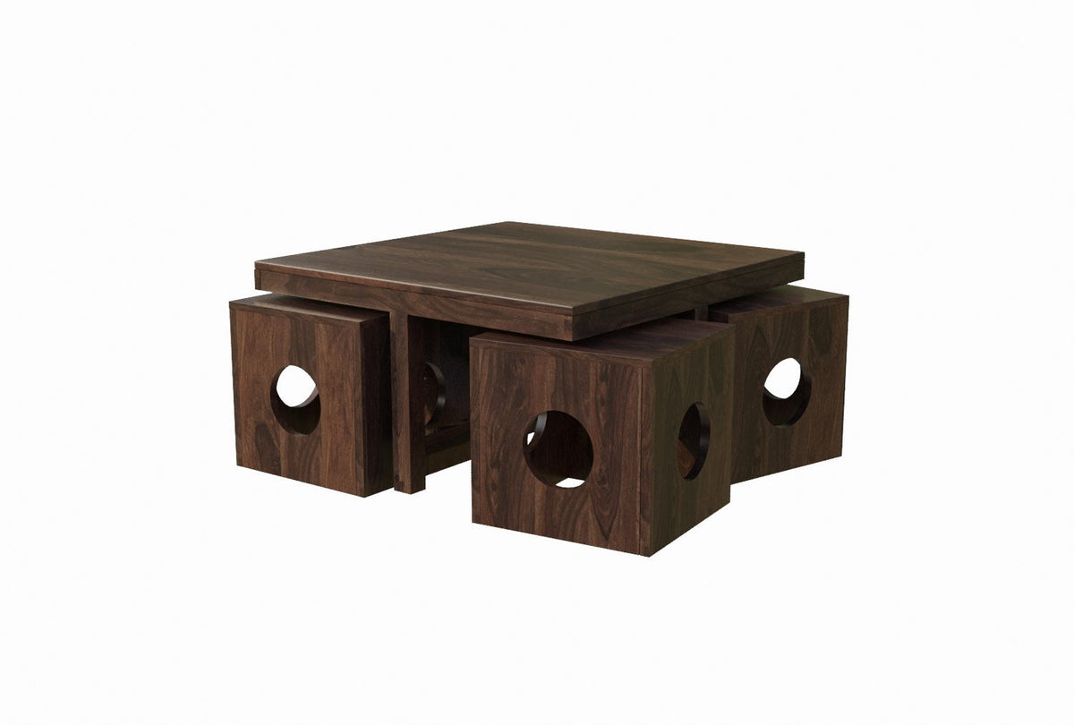 Mobell Solid Sheesham Wood Coffee Table Set With Four Stools (Round, Walnut Finish)