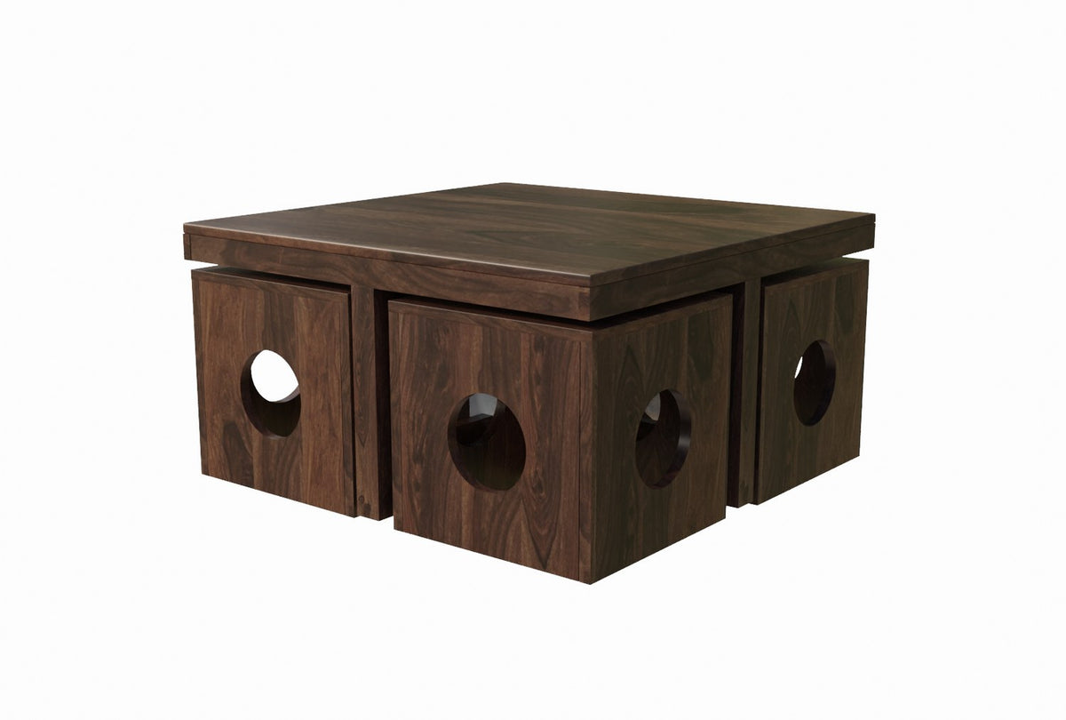 Mobell Solid Sheesham Wood Coffee Table Set With Four Stools (Round, Walnut Finish)