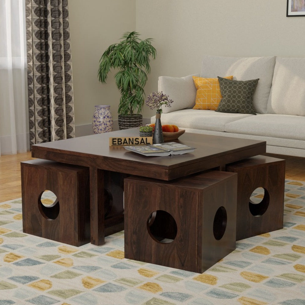 Mobell Solid Sheesham Wood Coffee Table Set With Four Stools (Round, Walnut Finish)
