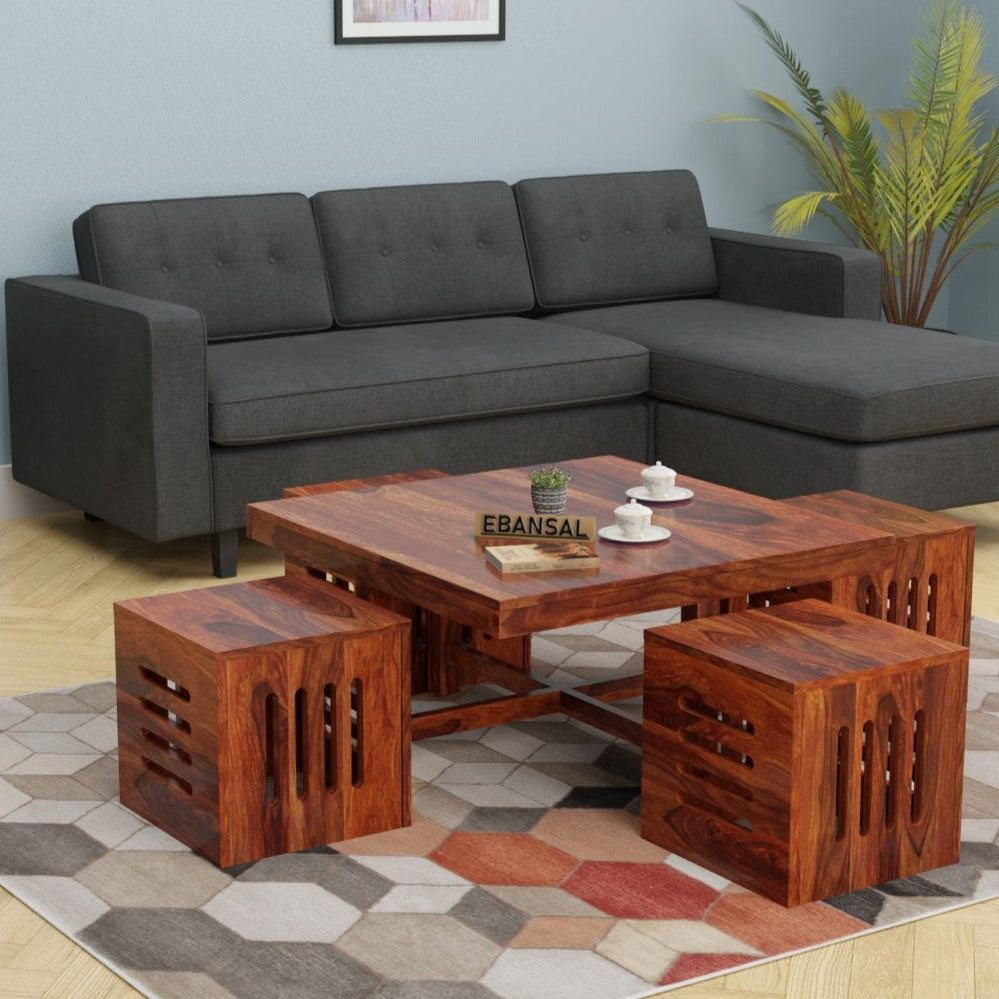 Mobell Solid Sheesham Wood Coffee Table Set With Four Stools (Capsule, Natural Finish)