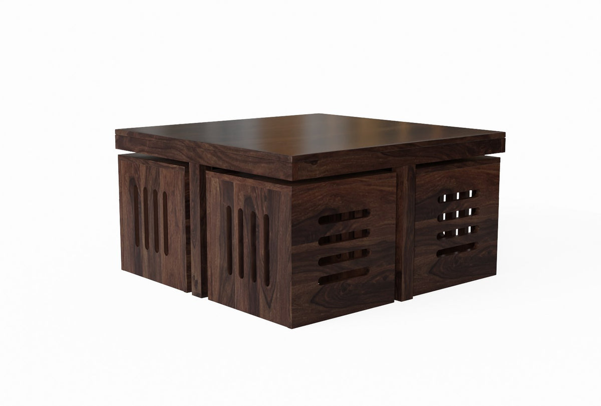 Mobell Solid Sheesham Wood Coffee Table Set With Four Stools (Capsule, Walnut Finish)