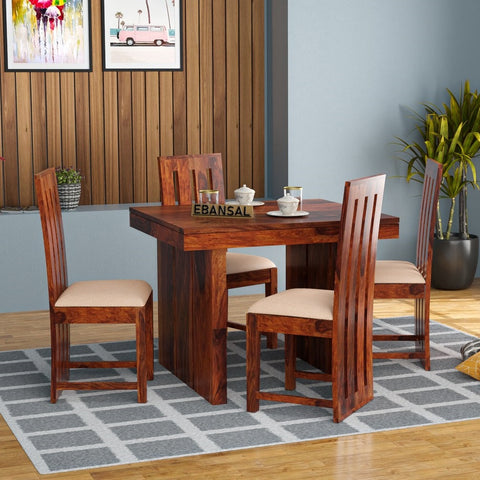 Woodora Solid Sheesham Wood 4 Seater Dining Set With Cushioned Chairs (Natural Finish)