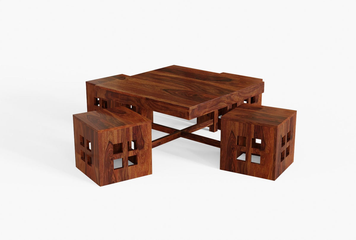 Mobell Solid Sheesham Wood Coffee Table Set With Four Stools (Square, Natural)