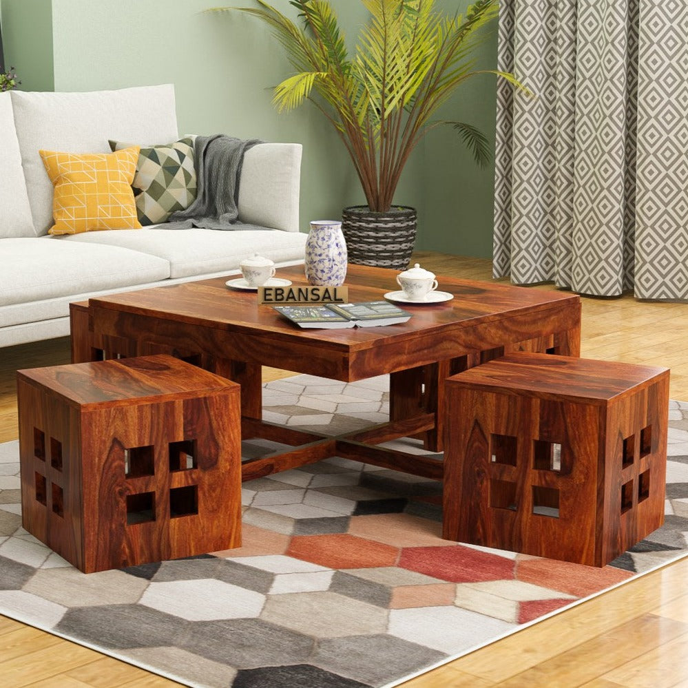 Mobell Solid Sheesham Wood Coffee Table Set With Four Stools (Square, Natural)