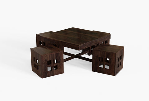 Mobell Solid Sheesham Wood Coffee Table Set With Four Stools (Square, Walnut)
