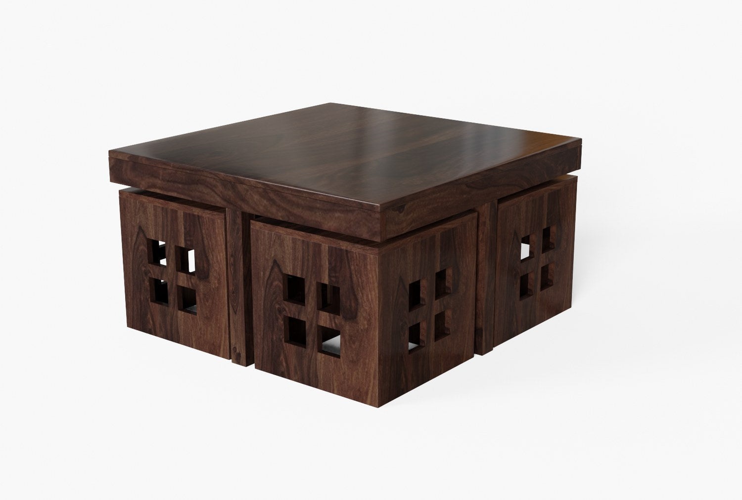 Mobell Solid Sheesham Wood Coffee Table Set With Four Stools (Square, Walnut)