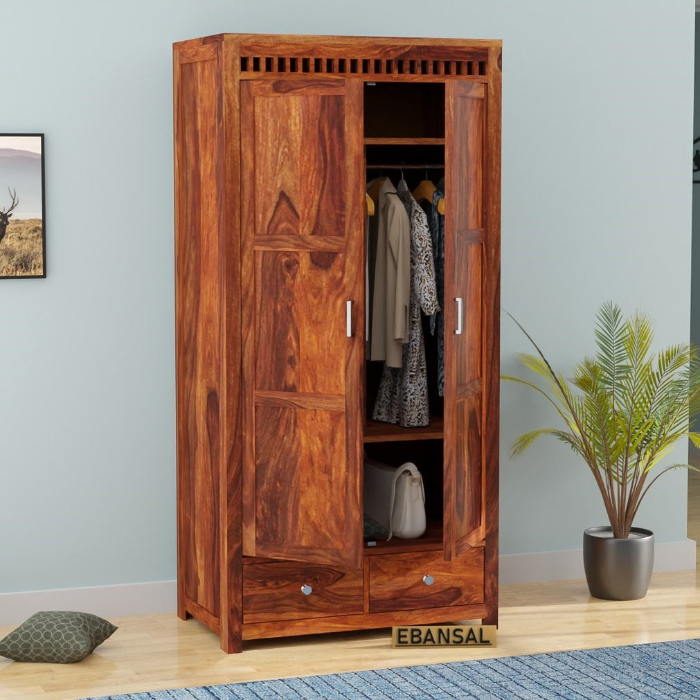 Amer Solid Sheesham Wood Double Door Wardrobe With Two Drawers (Natural Finish)