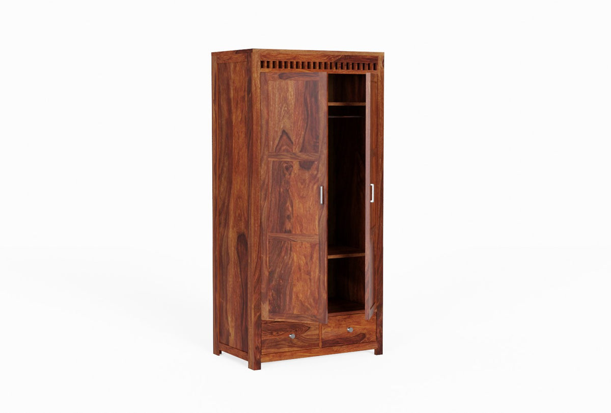 Amer Solid Sheesham Wood Double Door Wardrobe With Two Drawers (Natural Finish)