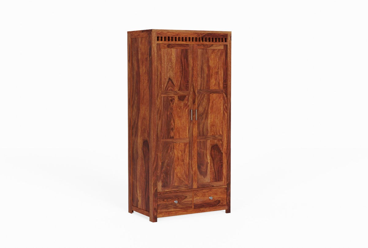 Amer Solid Sheesham Wood Double Door Wardrobe With Two Drawers (Natural Finish)