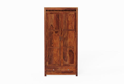Amer Solid Sheesham Wood Double Door Wardrobe With Two Drawers (Natural Finish)