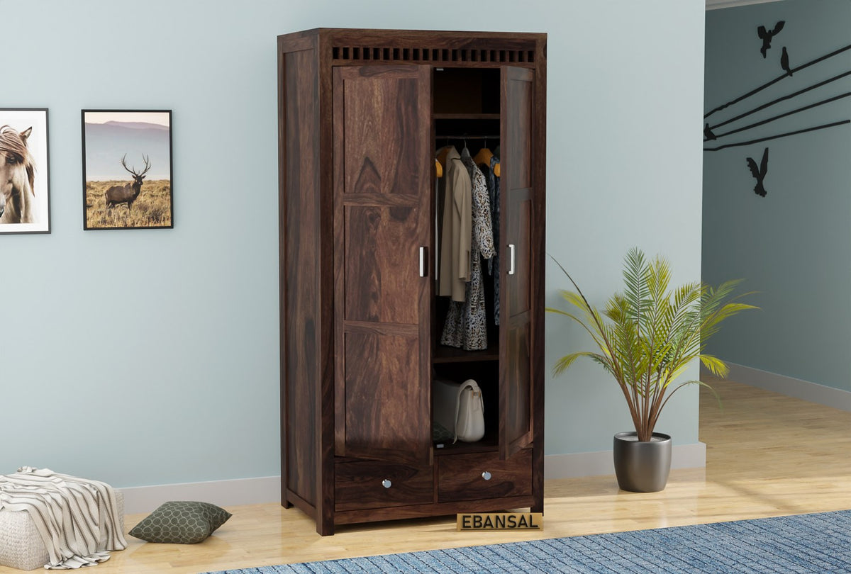 Amer Solid Sheesham Wood Double Door Wardrobe With Two Drawers (Walnut Finish)