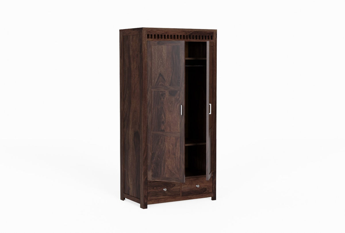 Amer Solid Sheesham Wood Double Door Wardrobe With Two Drawers (Walnut Finish)