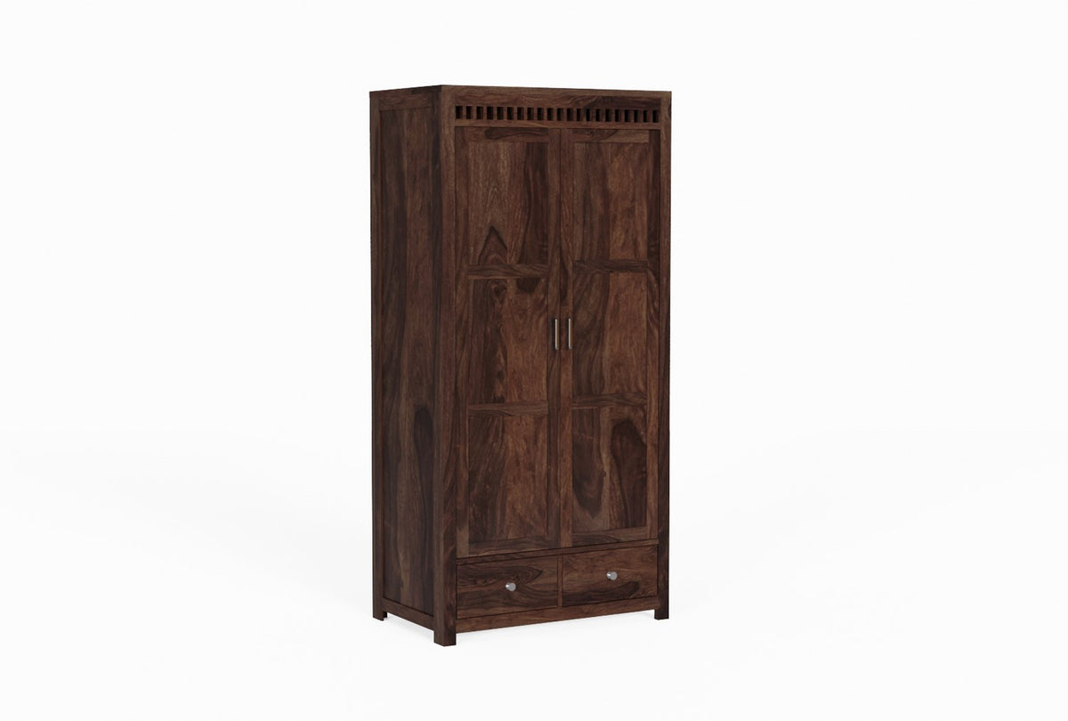 Amer Solid Sheesham Wood Double Door Wardrobe With Two Drawers (Walnut Finish)