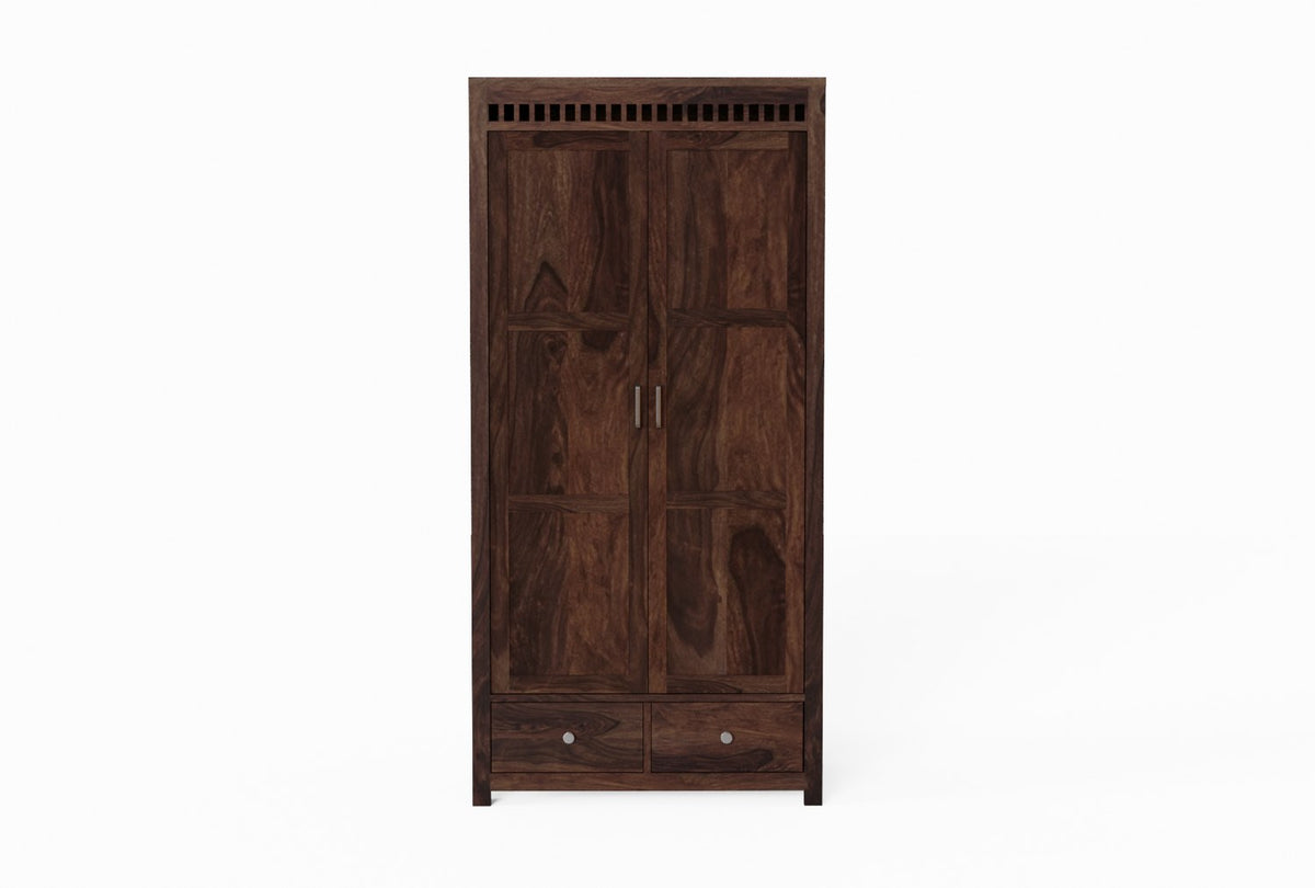 Amer Solid Sheesham Wood Double Door Wardrobe With Two Drawers (Walnut Finish)