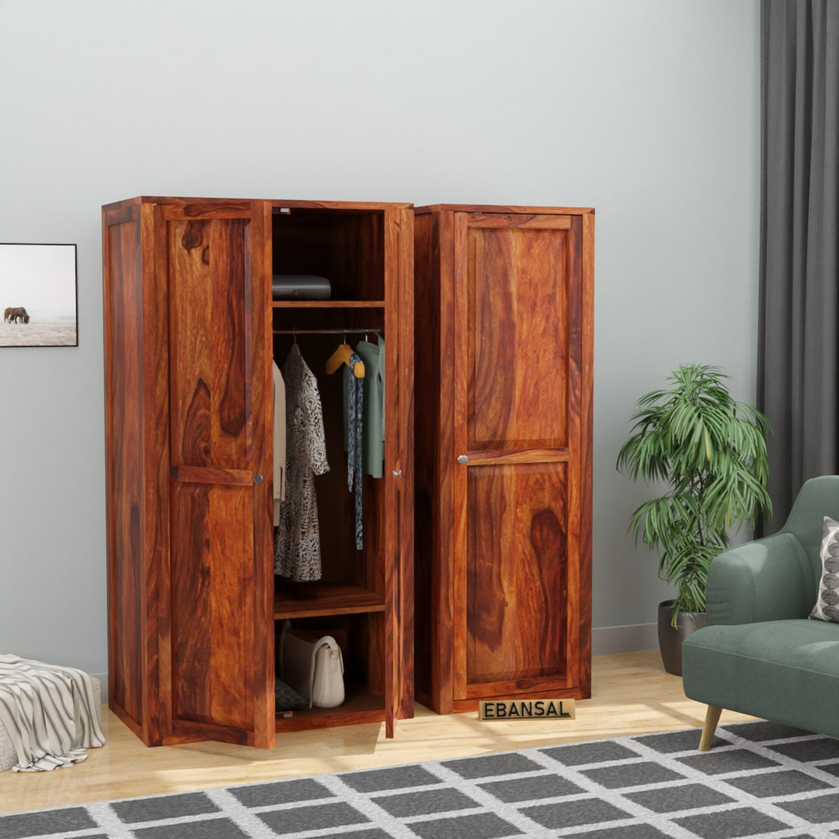 Woodwing Solid Sheesham Wood Wardrobe Set (Natural Finish)