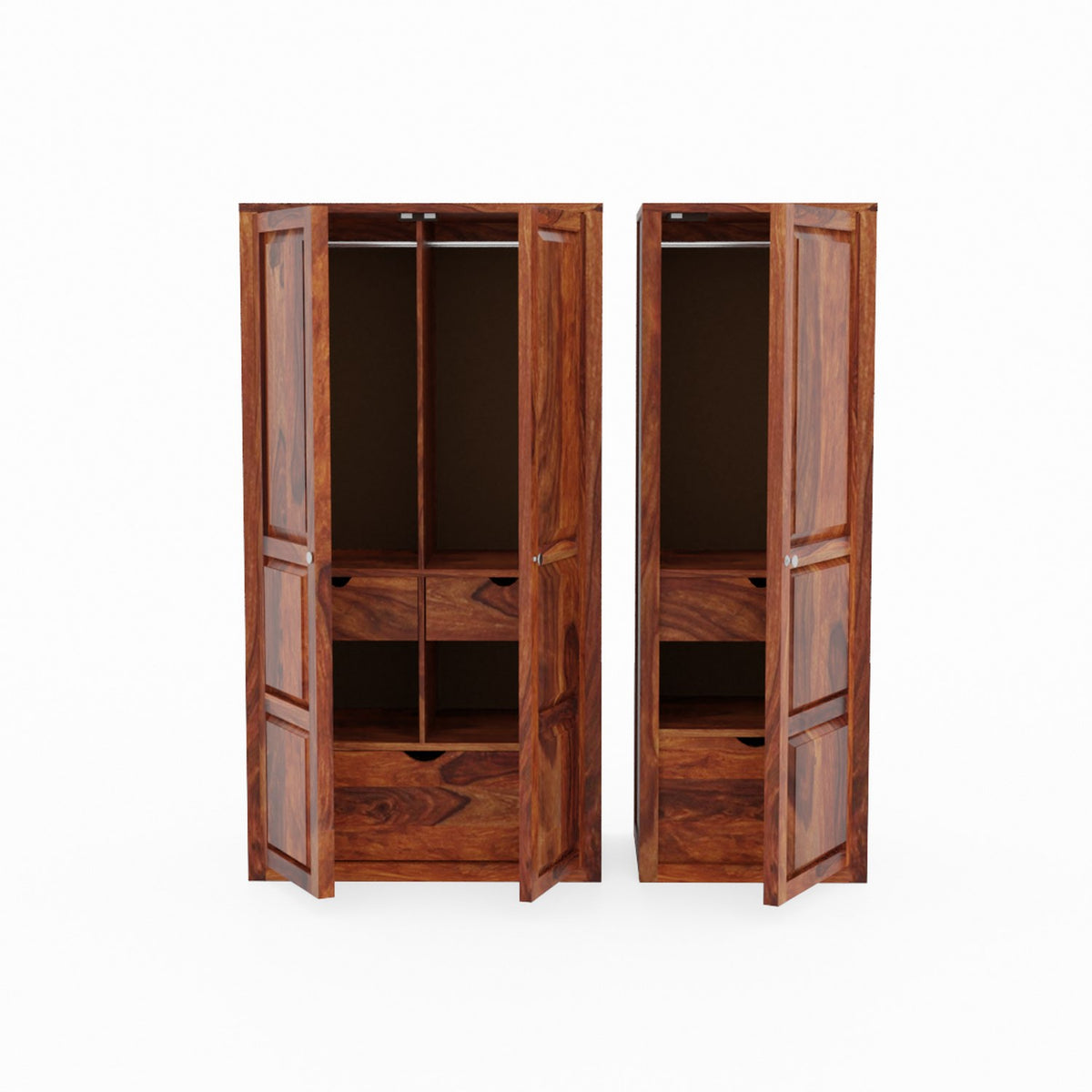 Woodwing Solid Sheesham Wood Wardrobe Set With Drawers (Natural Finish)