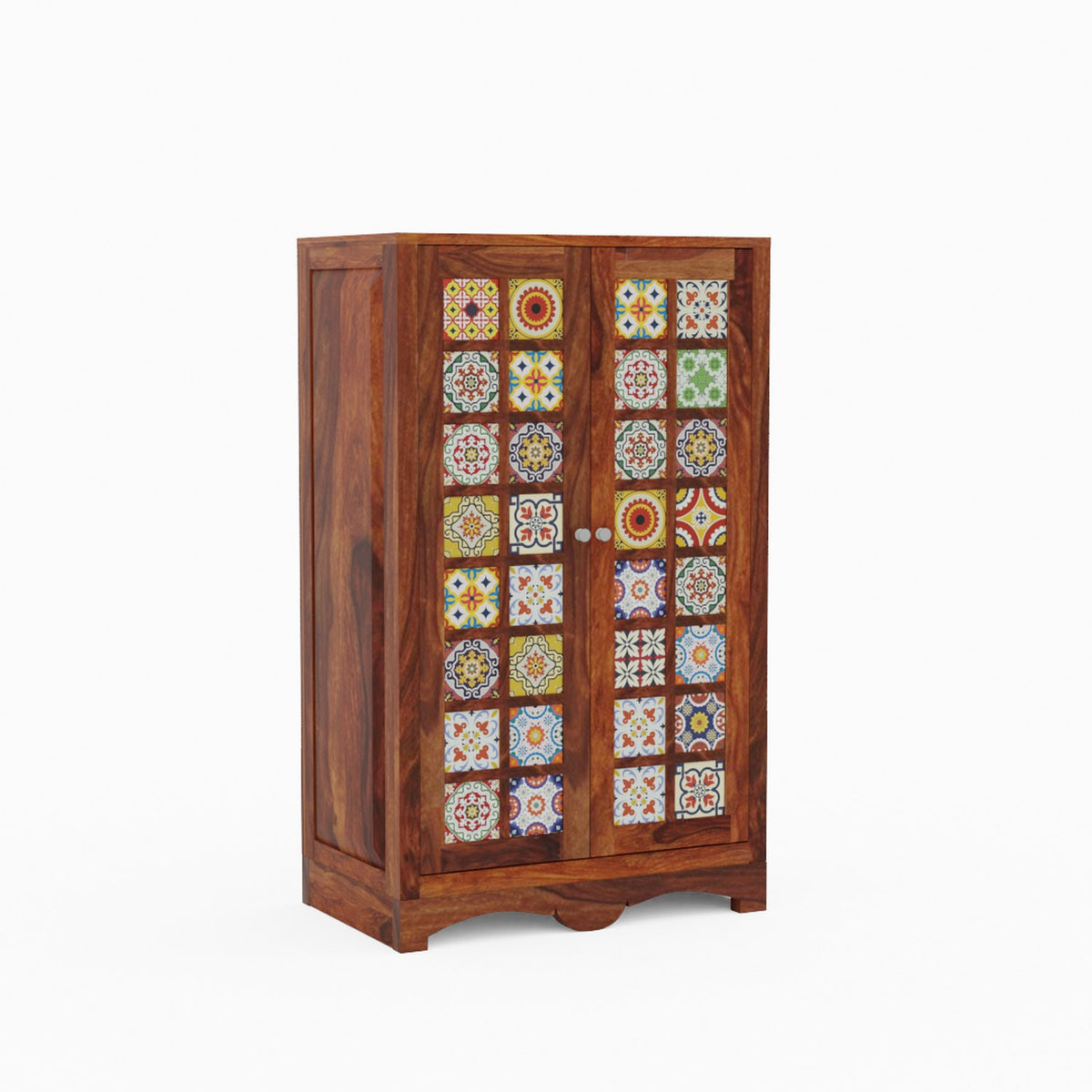 Dotwork Solid Sheesham Wood Small Wardrobe (Natural Finish)