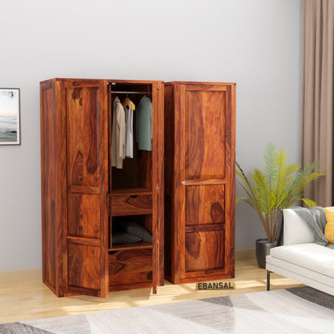 Woodwing Solid Sheesham Wood Wardrobe Set With Drawers (Natural Finish)