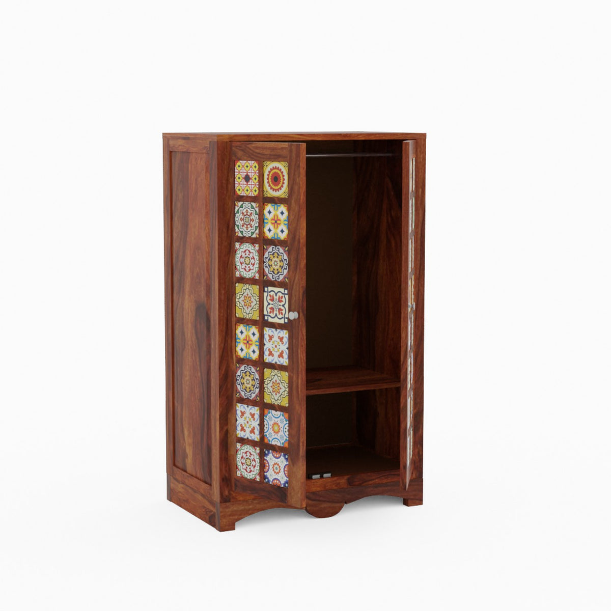 Dotwork Solid Sheesham Wood Small Wardrobe (Natural Finish)