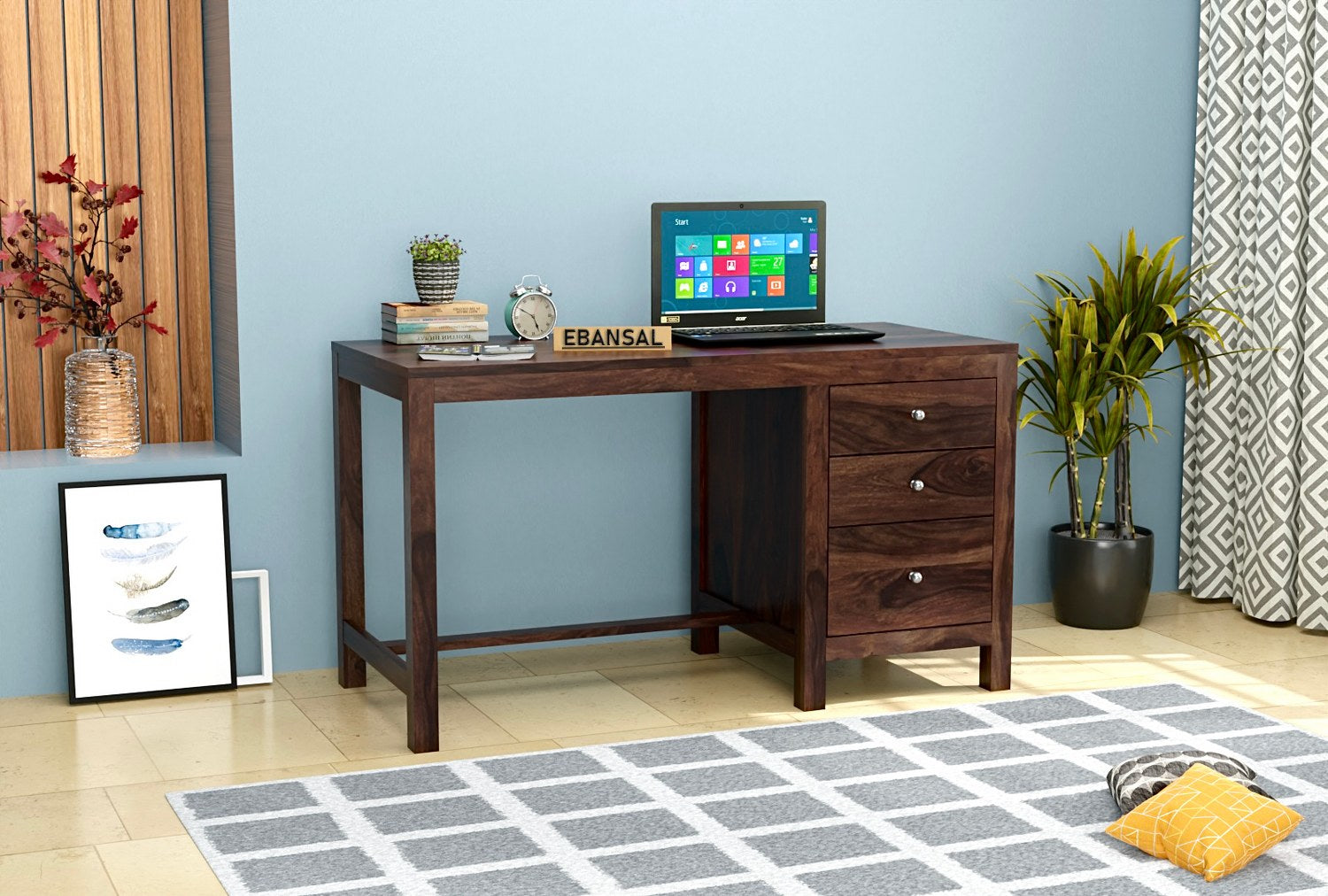 Swan Study Table Woodwing Solid Sheesham Wood Study Table With 3 Drawers (Walnut Finish ...