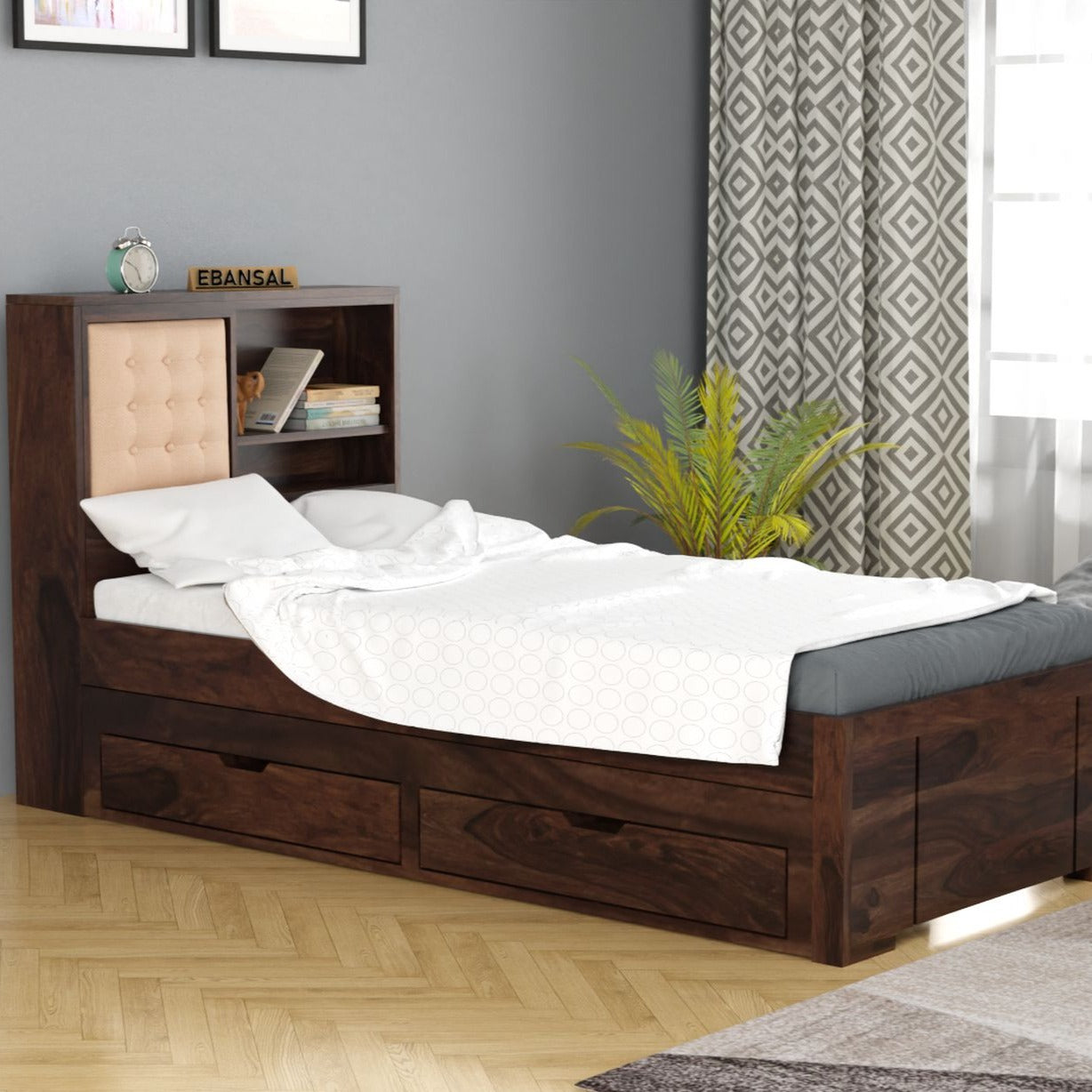 Maurice Solid Sheesham Wood Trundle Bed With Storage (Walnut Finish)