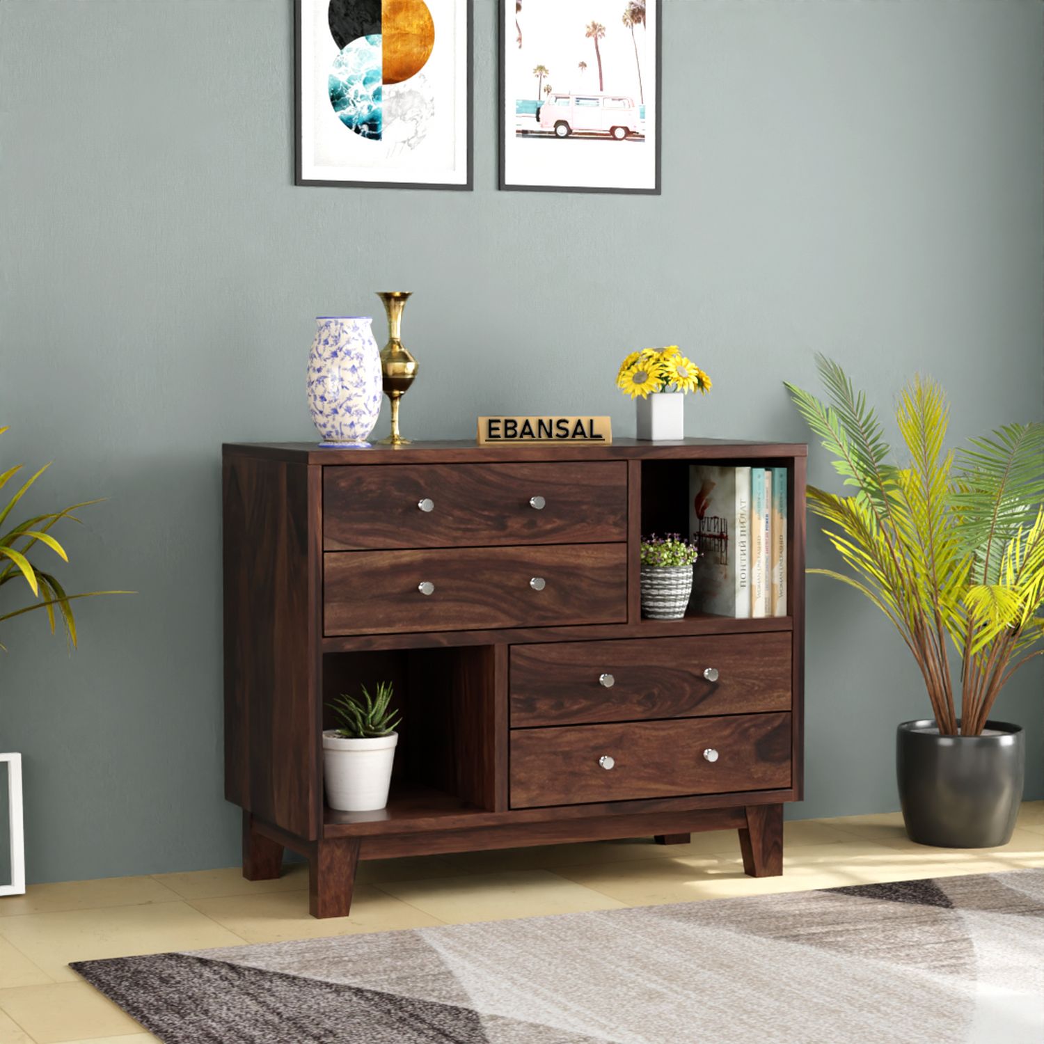 Befree Solid Sheesham Wood Chest of Drawers With Shelves (Walnut Finish)