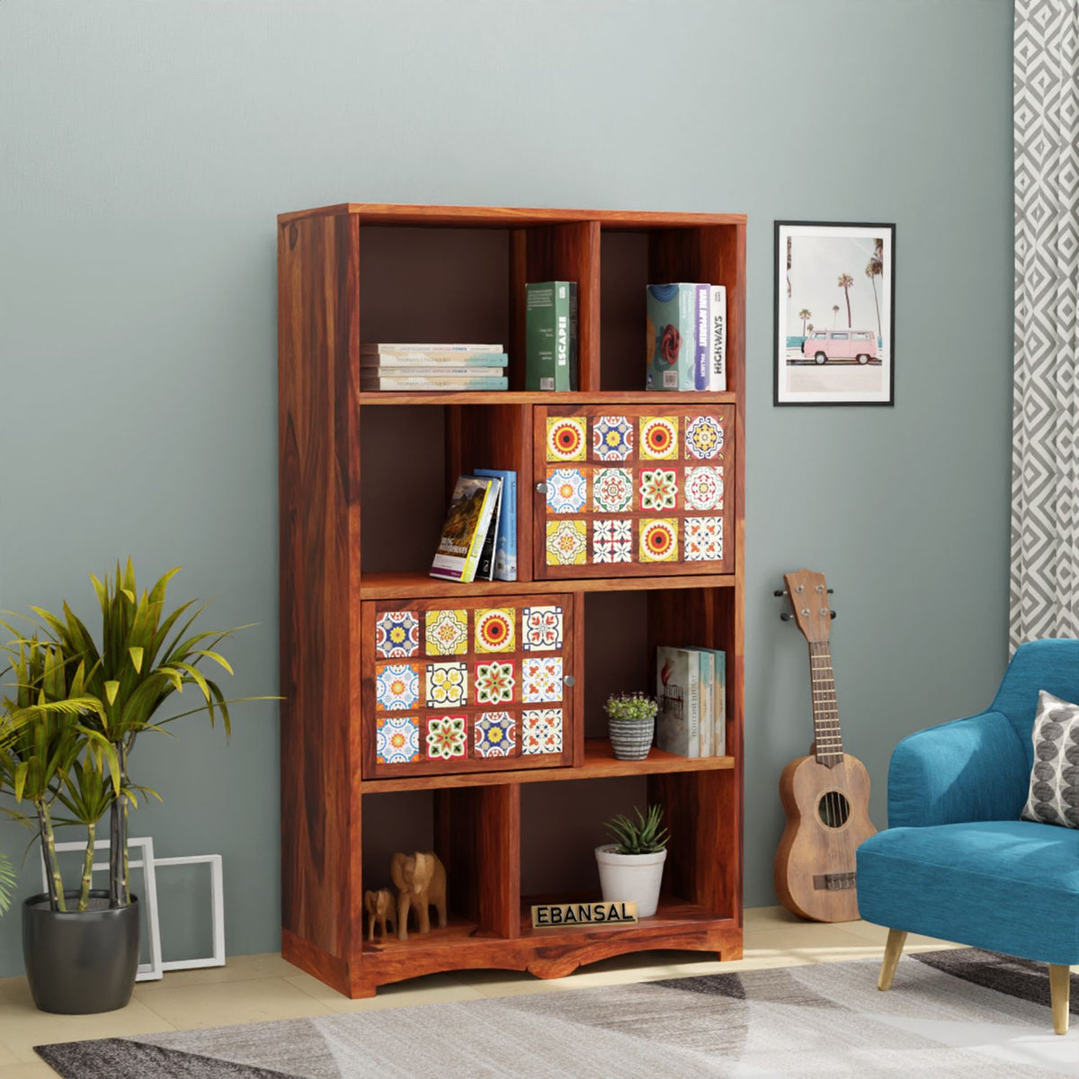 Dotwork Solid Sheesham Wood Bookshelf (Natural Finish)