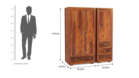 Monstro Solid Sheesham Wood Double Door Wardrobe Set (Natural Finish)
