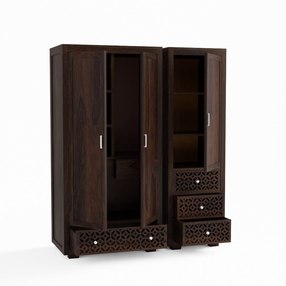 Monstro Solid Sheesham Wood Double Door Wardrobe Set (Walnut Finish)