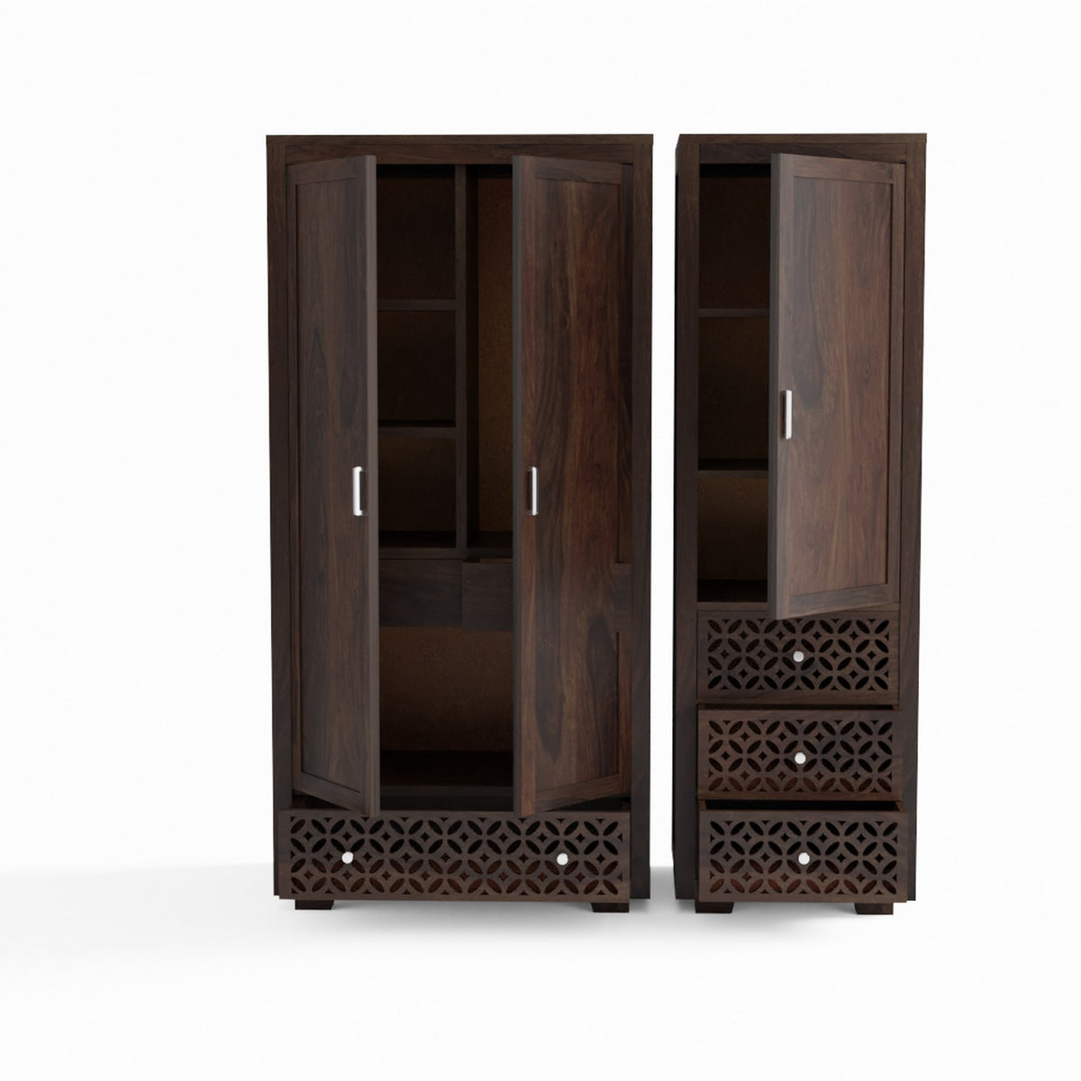 Monstro Solid Sheesham Wood Double Door Wardrobe Set (Walnut Finish)