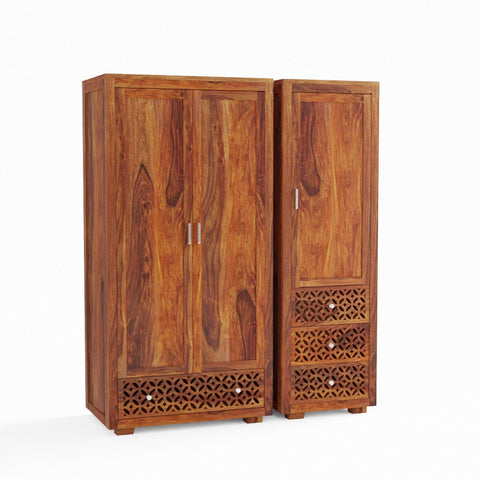 Monstro Solid Sheesham Wood Double Door Wardrobe Set (Natural Finish)