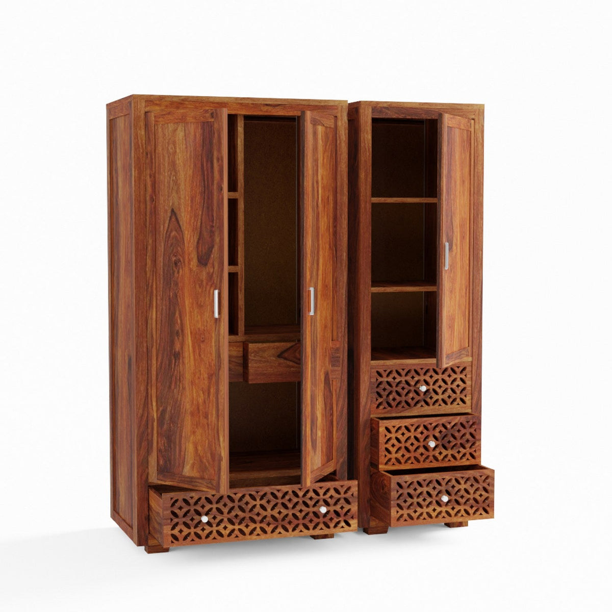 Monstro Solid Sheesham Wood Double Door Wardrobe Set (Natural Finish)