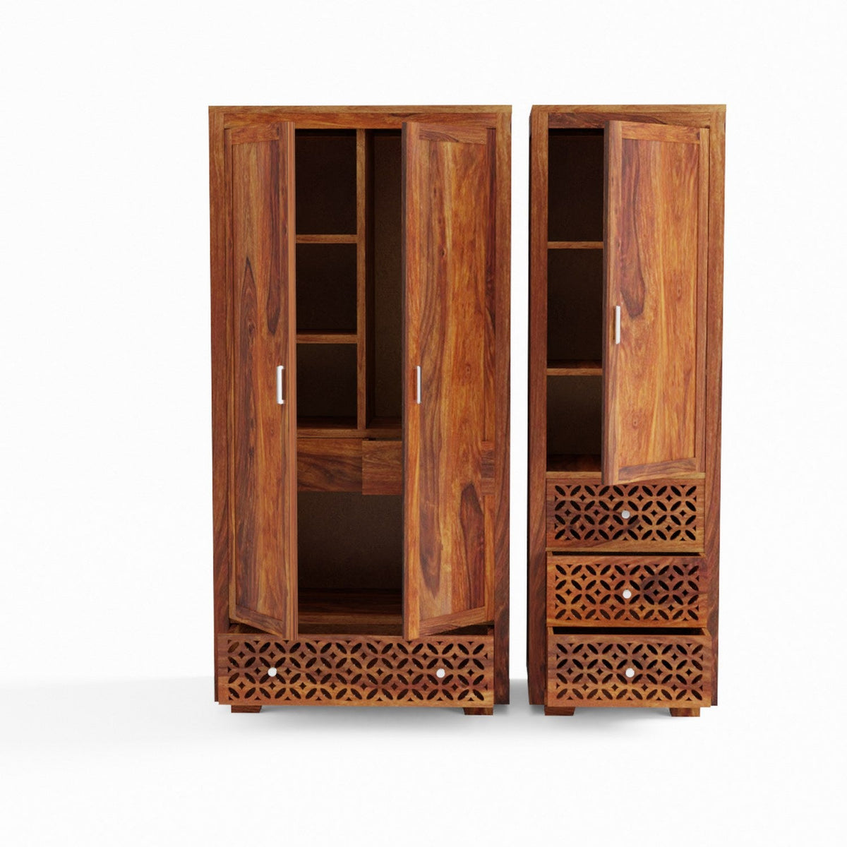 Monstro Solid Sheesham Wood Double Door Wardrobe Set (Natural Finish)