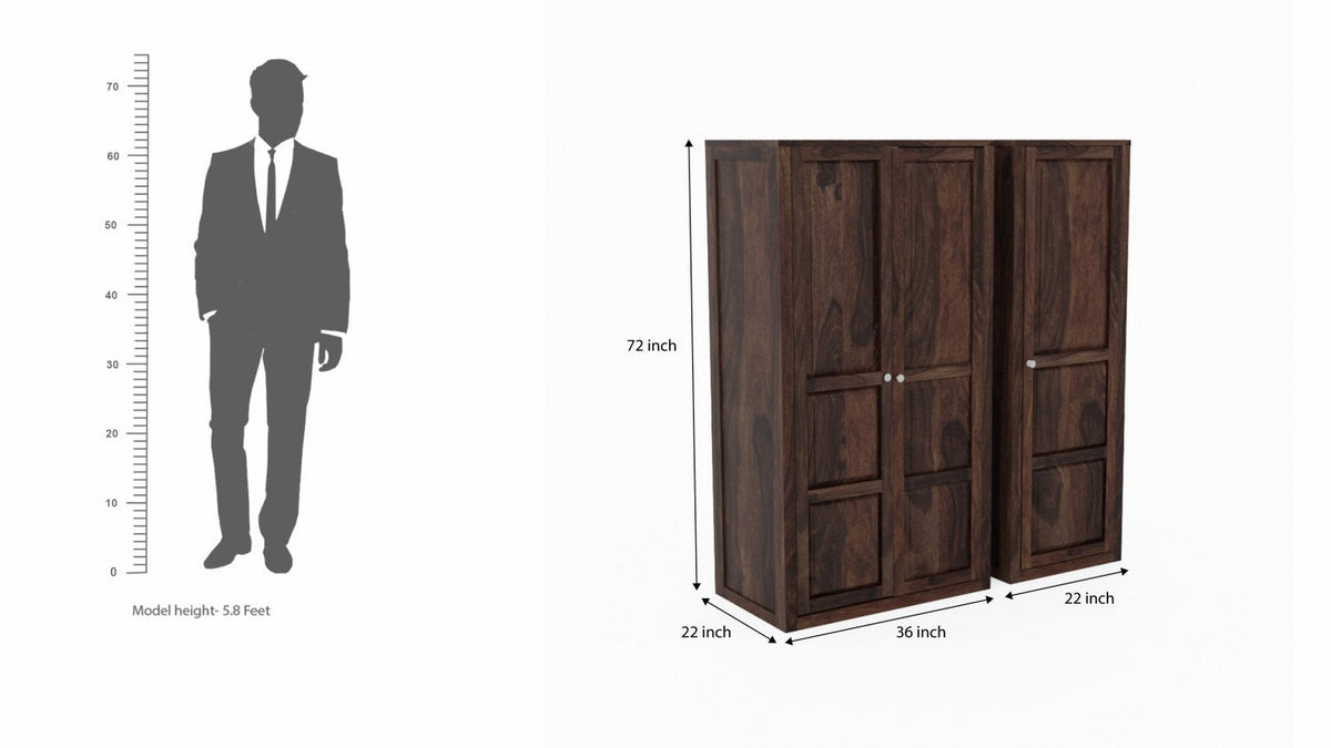Woodwing Solid Sheesham Wood Wardrobe Set With Drawers (Walnut Finish)